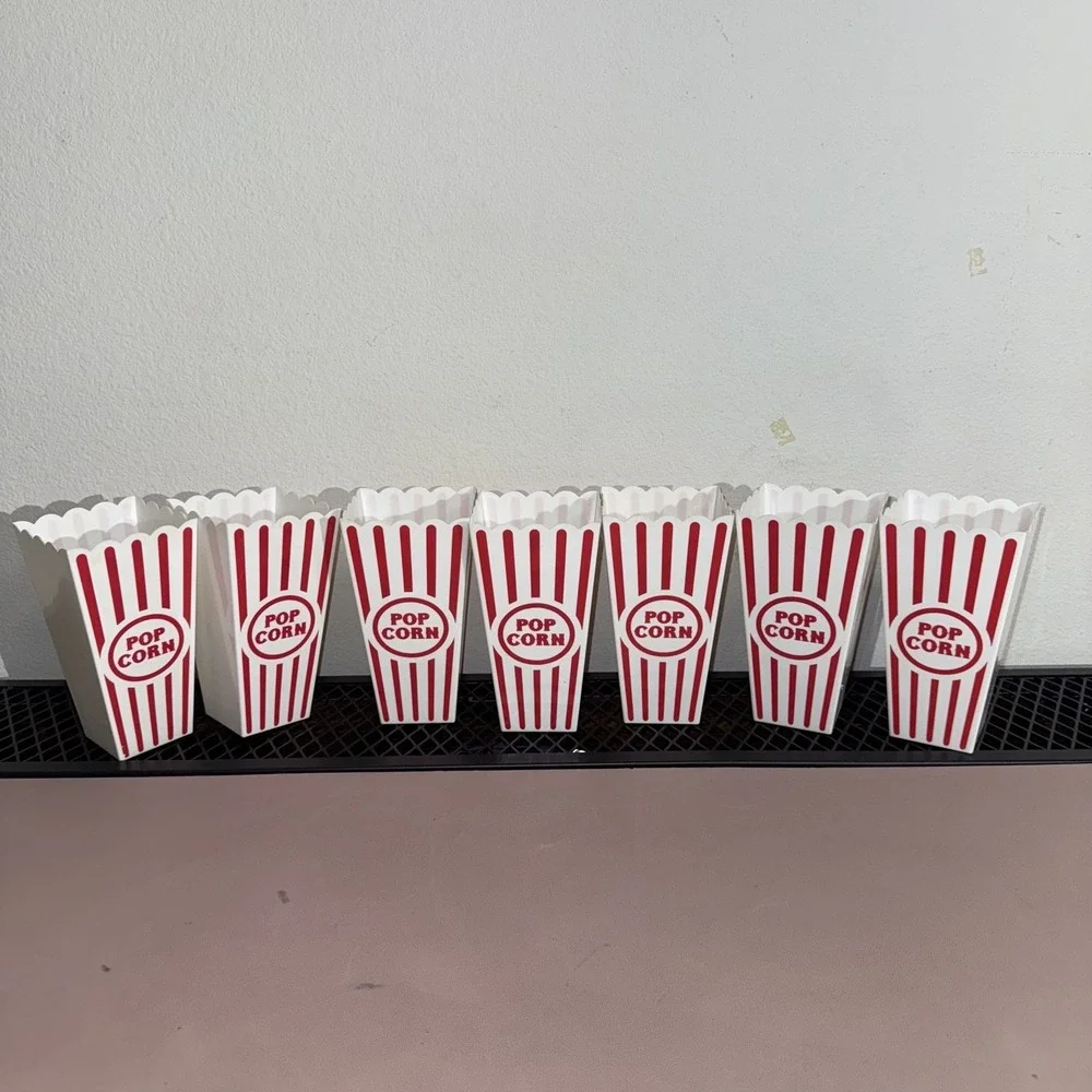 Set of 7 Red White‎ Plastic Popcorn Containers Buckets Home Movie Theater Retro